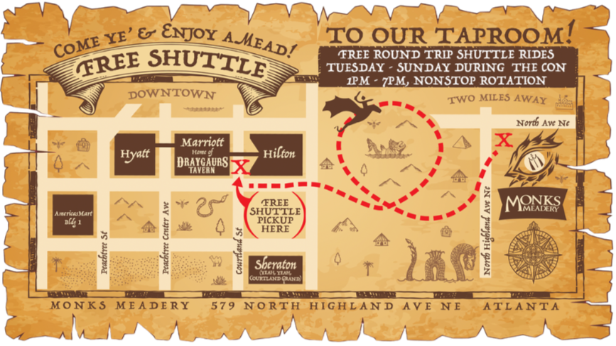 Map of a shuttle route to Monks Meadery with branding and directions.